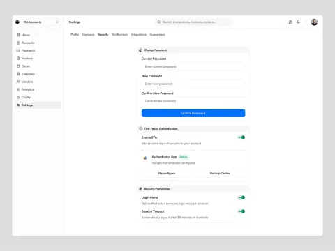 Account settings page with a blue save button and preference toggles.