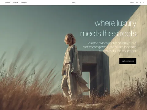 Fashion website hero with editorial typography and a model in a grassy landscape.