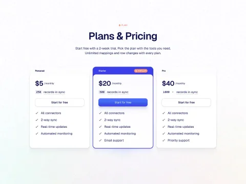 Three-plan pricing comparison with a blue highlighted middle plan.