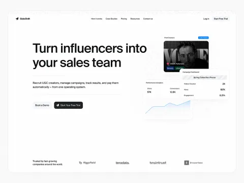 Influencer sales platform website with a bold headline and video preview.